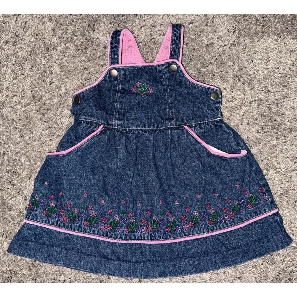 Vintage 90s 2000s Y2K Denim Dress Jumper Size 18m Floral Embroidered Wonder Kid